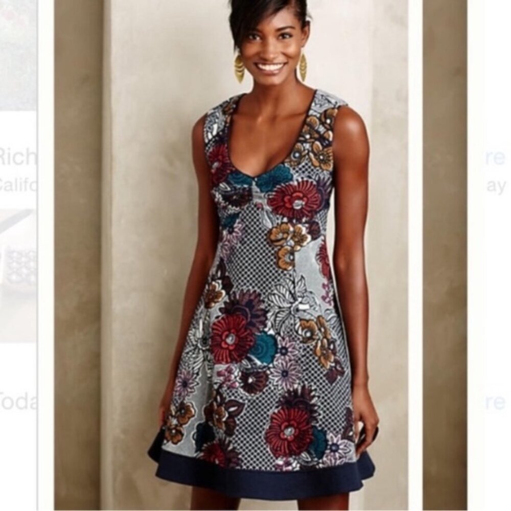MAEVE Anthropologie Blue Floral A-line Knit Cotton Blend Short Dress Sz M
